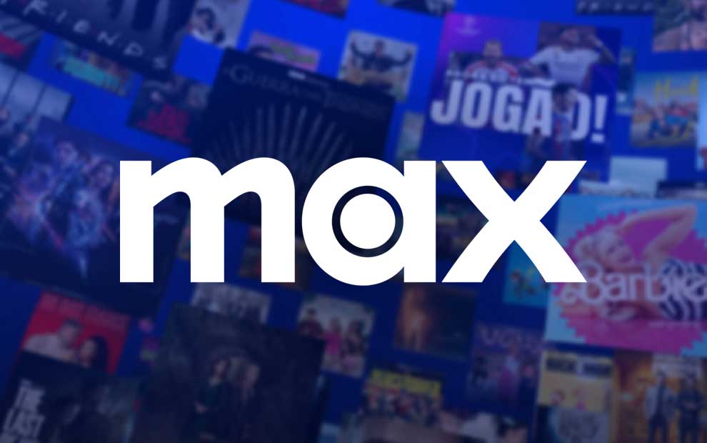 Imagem do logotipo da plataforma Max com imagens de conteúdo no fundo