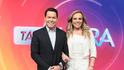 Marcão do Povo e Christina Rocha durante coletiva de imprensa do Tá na Hora, do SBT