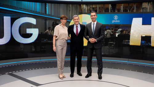 Renata Lo Prete, Roberto Kovalick e César Tralli no novo cenários dos jornais da Globo