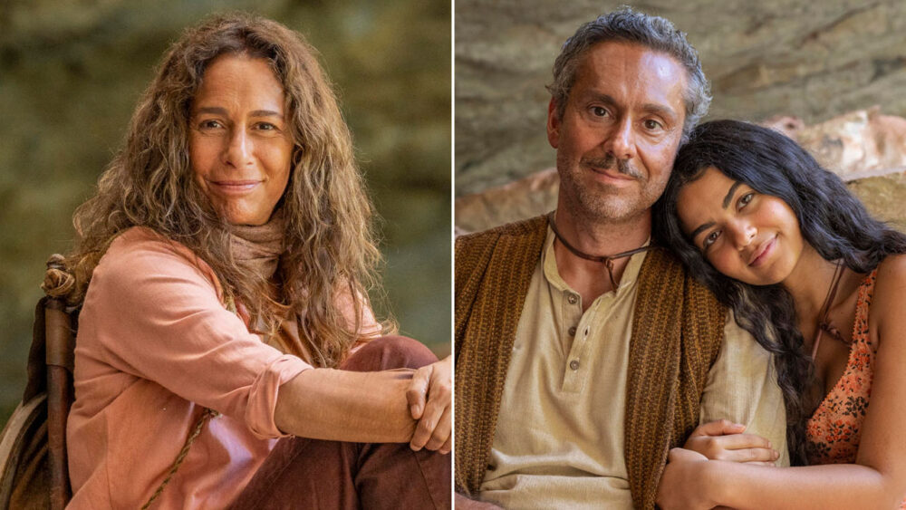 Imagem com montagem das fotos dos personagens Zefa Leonel (Andrea Beltrão), Seu Tico Leonel (Alexandre Nero) e Quinota (Larissa Bocchino) da novela No Rancho Fundo