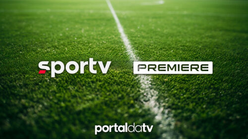 Montagem com logotipos dos canais SporTV e Premiere, que exibirão jogos da Copa do Brasil,. com gramado de futebol ao fundo