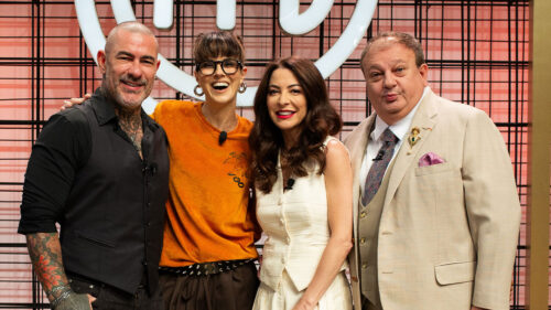 Henrique Fogaça, Helena Rizzo, Ana Paula Padrão e Erick Jacquin no cenário do MasterChef Brasil