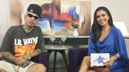 MC Guimê e Daniela Albuquerque durante entrevista no Sensacional