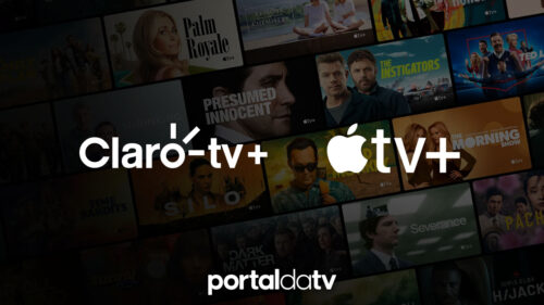 Imagem com montagem dos logos da Claro tv+ e Apple TV+