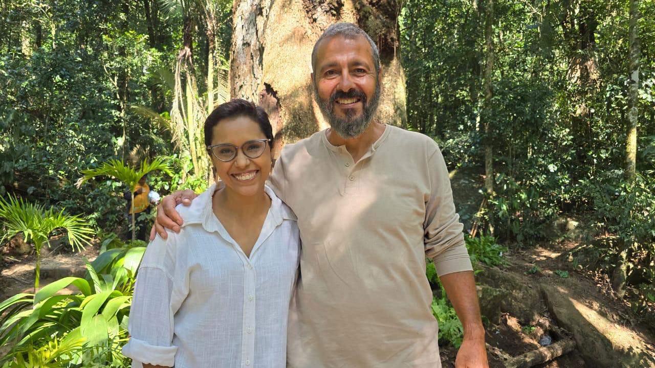 Lilian Ribeiro e Marcos Palmeira durante gravação do Globo Repórter