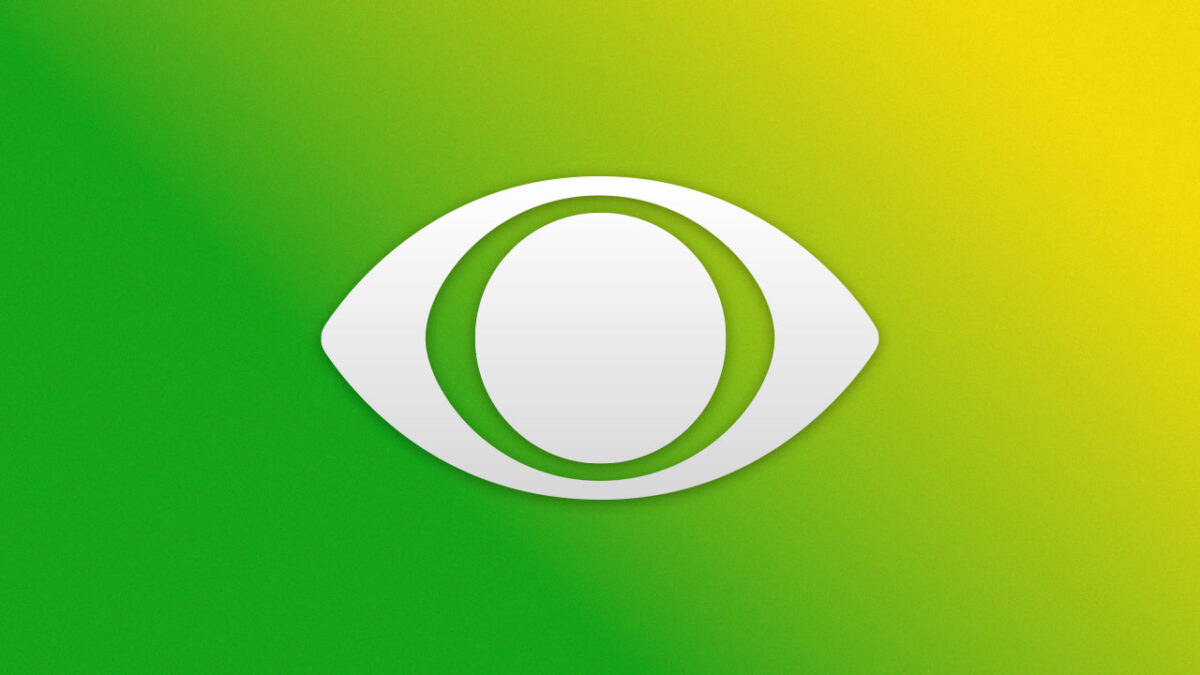 Logotipo da Band em branco sobre um fundo com degradê em tons de verde e amarelo