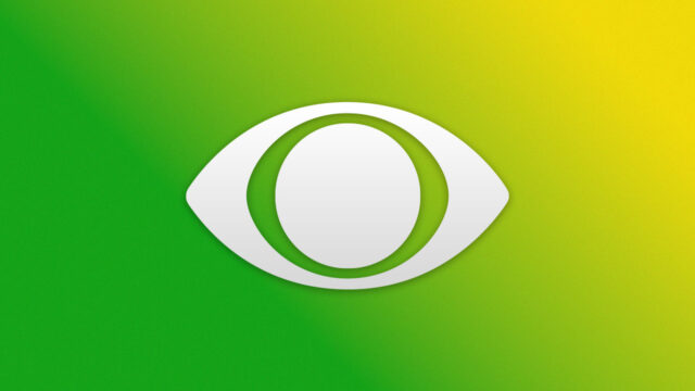 Logotipo da Band em branco sobre um fundo com degradê em tons de verde e amarelo