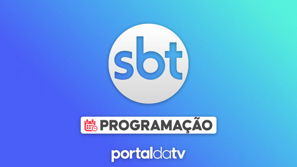 Imagem com logotipo do SBT com a legenda "programação". O logo do Portal da TV aparece centralizado na parte inferior. O fundo é um degradê com tons de azul claro e escuro.