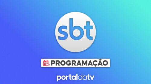 Imagem com logotipo do SBT com a legenda "programação". O logo do Portal da TV aparece centralizado na parte inferior. O fundo é um degradê com tons de azul claro e escuro.