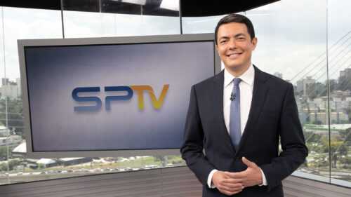 Alan Severiano no estúdio do SP1 da TV Globo de São Paulo