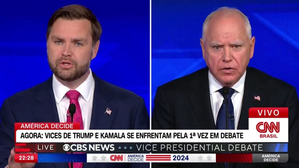 JD Vance e Tim Walz durante debate transmitido pela CNN Brasil