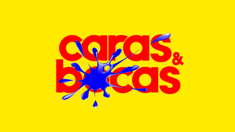 Logotipo da novela Caras e Bocas com letras vermelhas sobre fundo amarelo e uma mancha de tinta azul no centro