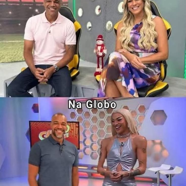 Meme publicado por Renata Fan nas redes sociais onde aparece comparação de Denílson ao lado dela e depois nos estúdios Globo ao lado de Pabllo Vittar