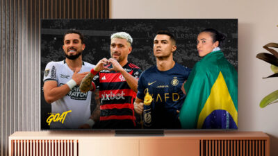 Imagem com personalidades do esporte em uma TV smart do Canal Goat