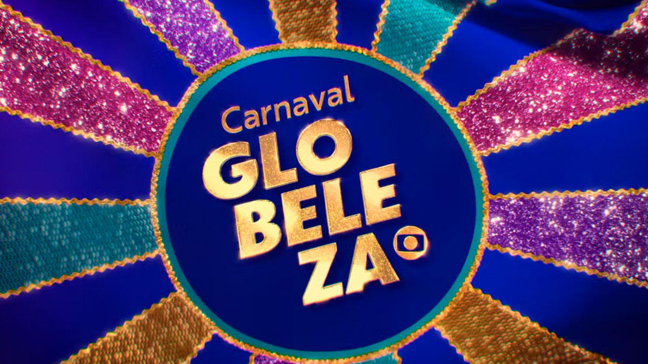 Logotipo do Carnaval Globeleza 2025, da Globo, com fundo colorido e efeito de brilho