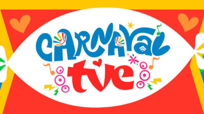 Logo colorido do Carnaval da TVE Bahia com elementos gráficos festivos, corações e notas musicais em um fundo vibrante
