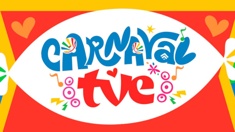 Logo colorido do Carnaval da TVE Bahia com elementos gráficos festivos, corações e notas musicais em um fundo vibrante
