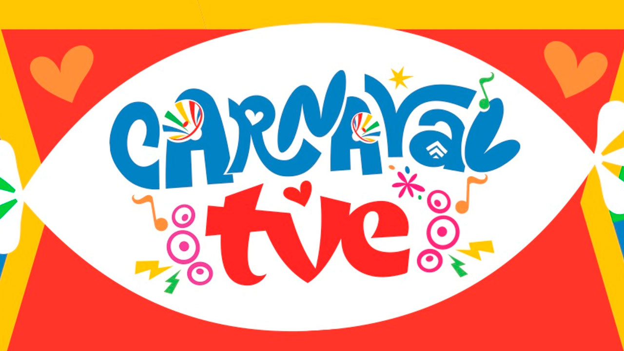 Logo colorido do Carnaval da TVE Bahia com elementos gráficos festivos, corações e notas musicais em um fundo vibrante