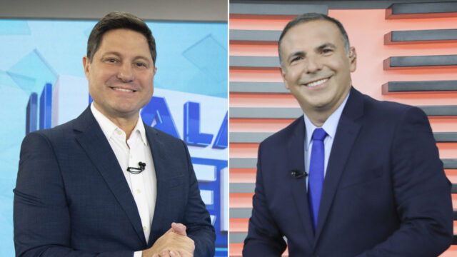 Montagem com Eleandro Passaia no cenário do Balanço Geral SP e Reinaldo Gottino no estúdio do Cidade Alerta sorrindo para a câmera