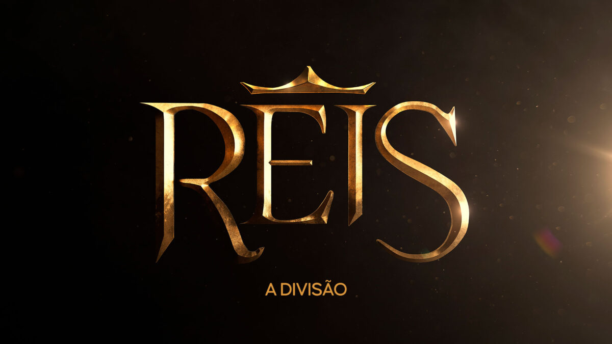 Logo da novela Reis - A Divisão com letras douradas e coroa sobre a letra E, em fundo escuro com efeito de luz