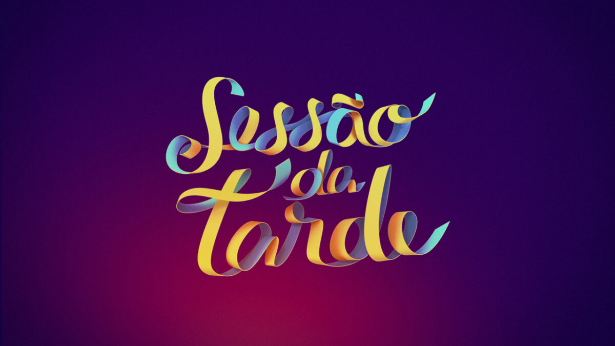 Logotipo da Sessão da Tarde com letras coloridas e entrelaçadas em fundo degradê roxo e rosa