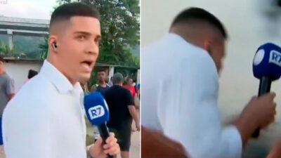 O repórter Marcos Guimarães, do Balanço Geral Manhã, reage e foge após explosão de bomba durante transmissão ao vivo
