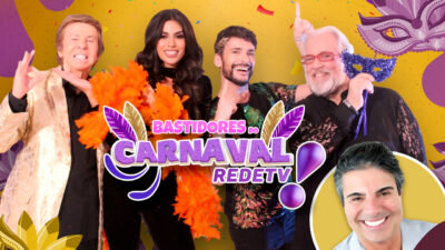 Apresentadores do Bastidores do Carnaval 2025 da RedeTV posam sorrindo com adereços carnavalescos em um fundo colorido e festivo