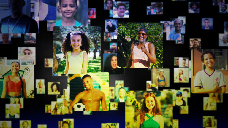 Montagem com fotos de pessoas sorrindo usada na abertura do remake de Vale Tudo na TV Globo