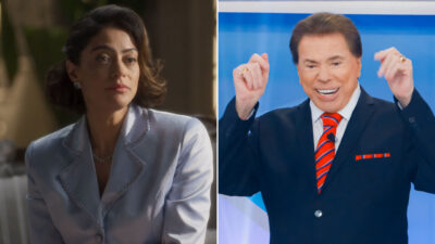 Clarice (Carol Castro) na novela Garota do Momento com expressão séria, vestindo um elegante conjunto azul, e Silvio Santos sorrindo e gesticulando no palco de seu programa