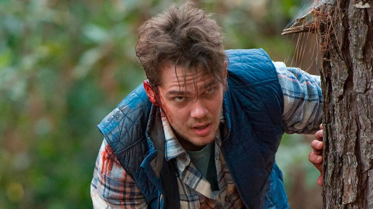 Ellar Coltrane ferido e com expressão tensa se esconde atrás de uma árvore em uma floresta no filme O Preço da Ganância (2017)