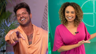 Montagem com Fernando Fernandes sorrindo e apontando para a câmera enquanto veste camisa de cetim laranja e Karine Alves sorrindo de vestido rosa em frente a um fundo verde com o logo do Esporte Espetacular