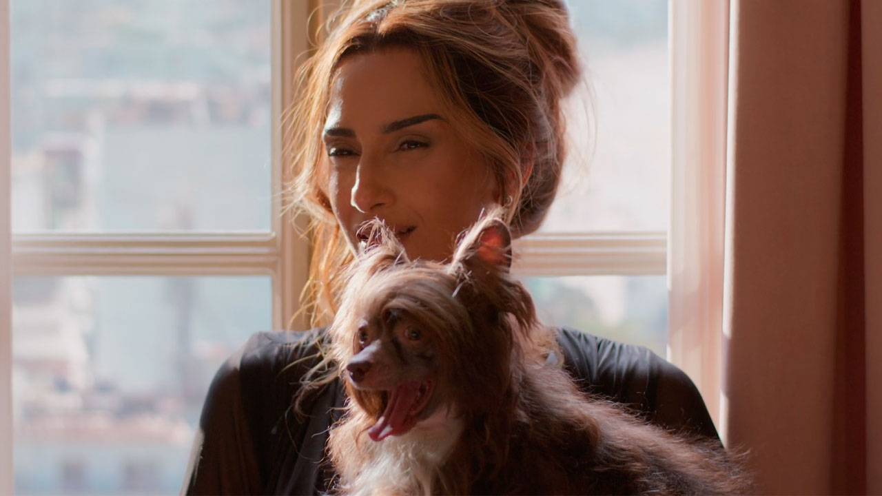 Camila Pitanga, no papel de Lola, aparece sorrindo levemente enquanto segura o cachorro Lolindo, com uma janela iluminada ao fundo, em cena da novela Beleza Fatal