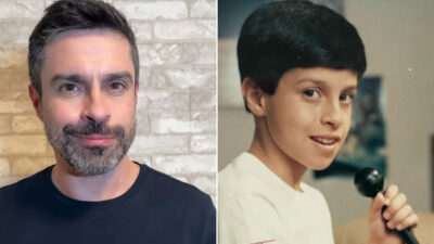 Montagem com duas fotos de Luciano Amaral, uma atual com barba e cabelos curtos diante de uma parede de tijolos, e outra de sua infância segurando um microfone, relembrando sua época no Mundo da Lua