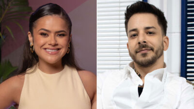 Maisa Silva sorrindo ao lado de Junior Lima em montagem com fundo colorido e persiana branca ao fundo