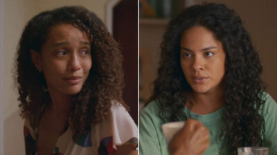 Montagem com Taís Araújo como Raquel e Bella Campos como Maria de Fátima em cenas do remake de Vale Tudo