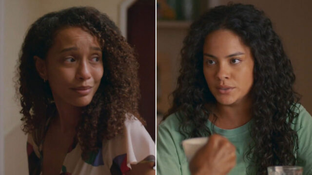 Montagem com Taís Araújo como Raquel e Bella Campos como Maria de Fátima em cenas do remake de Vale Tudo