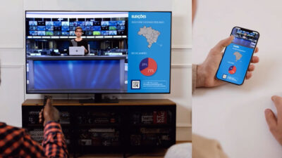 Tela dividida mostra a transmissão interativa da TV digital 3.0 com dados eleitorais sobre o Rio de Janeiro exibidos na TV e no celular