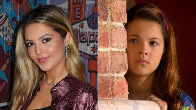 Júlia Gomes em foto atual ao lado de cena como Marian na novela Chiquititas do SBT