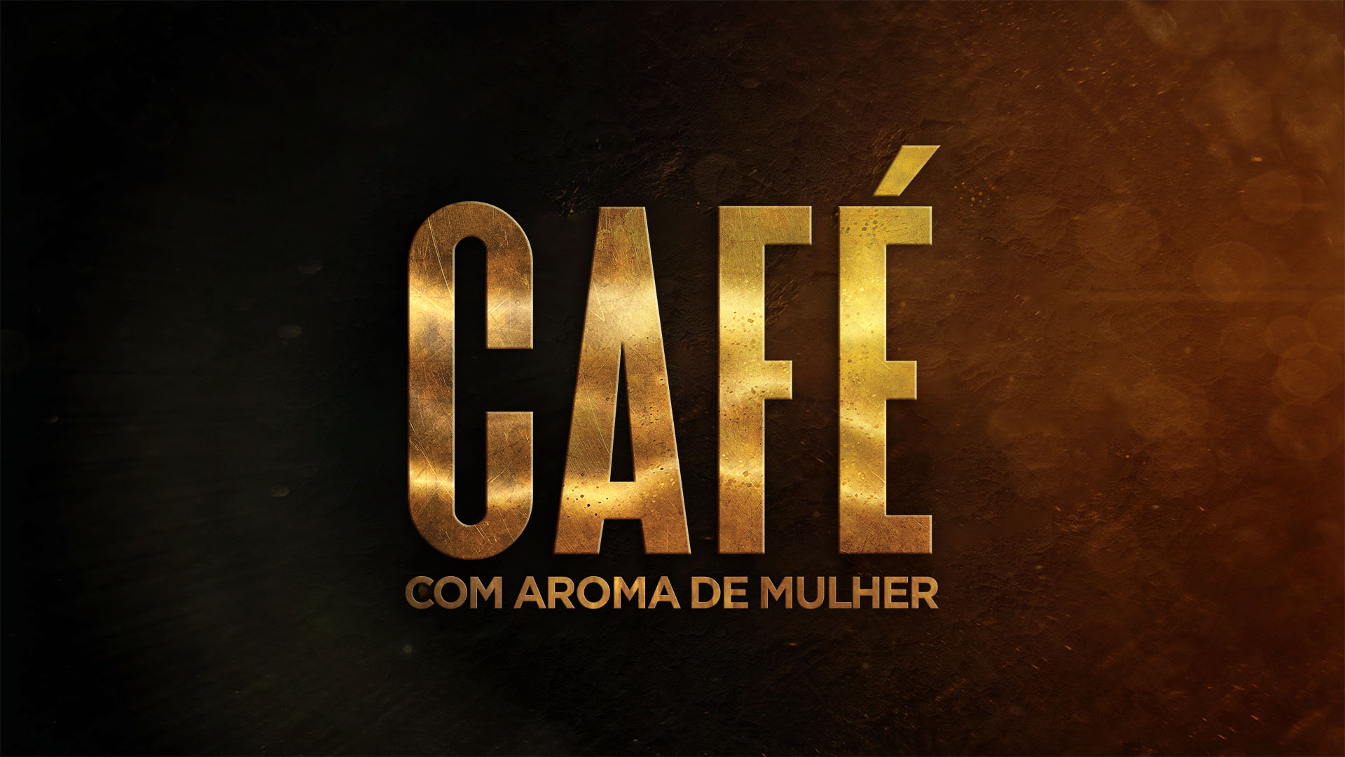 Logo dourado da novela Café com Aroma de Mulher com fundo escuro e textura que remete a grãos de café