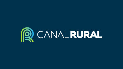 Logotipo do Canal Rural com fundo azul e símbolo estilizado em verde e azul ao lado do nome