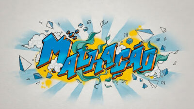 Logotipo de Malhação Sonhos com letras azuis em estilo grafite sobre fundo amarelo e azul