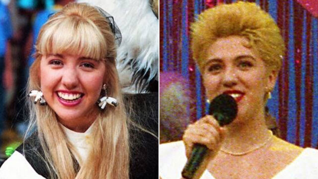 Montagem com Mariane Dombrova em duas fases da carreira, uma com cabelo longo e outra apresentando programa na TV nos anos 1990