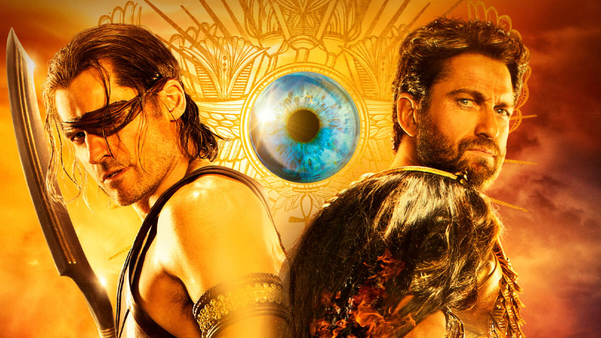 Nikolaj Coster-Waldau e Gerard Butler caracterizados como deuses egípcios no pôster do filme Deuses do Egito (2016)