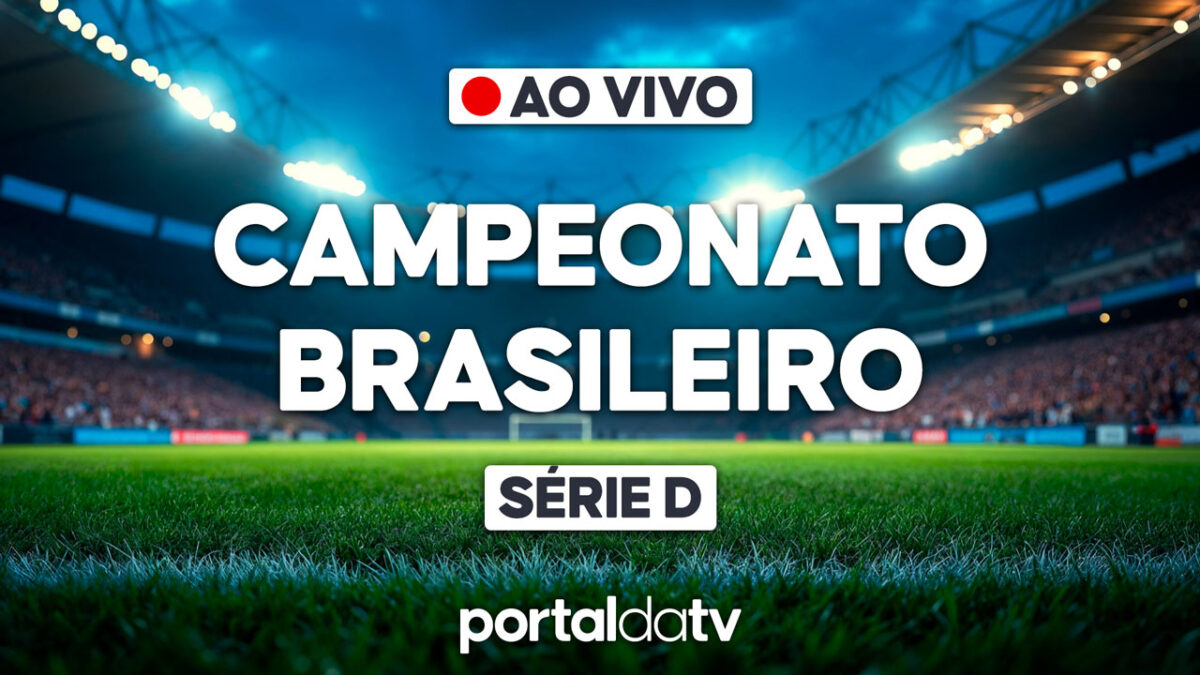 Transmissão ao vivo do Campeonato Brasileiro Série D com campo iluminado ao fundo e logo do Portal da TV