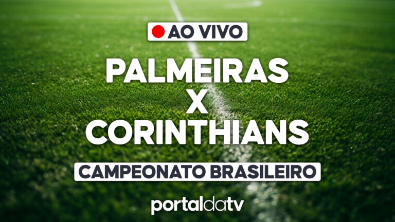 Arte com os dizeres Palmeiras x Corinthians ao vivo pelo Campeonato Brasileiro sobre campo de futebol
