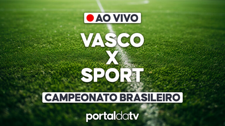 Arte com os dizeres Vasco x Sport ao vivo pelo Campeonato Brasileiro sobre campo de futebol