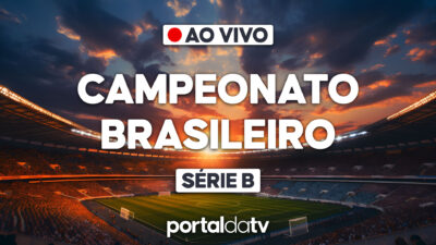 Arte com estádio cheio ao pôr do sol destaca transmissão ao vivo do Campeonato Brasileiro Série B no Portal da TV