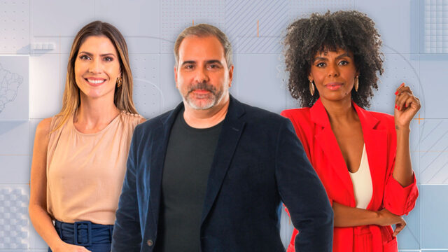 Patricia Rocha, Rodrigo Alvarez e Cynthia Martins em foto promocional do jornal Bora Brasil da Band