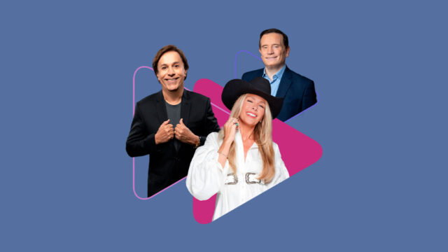 Tom Cavalcante, Adriane Galisteu e Roberto Cabrini em arte promocional da plataforma PlayPlus da Record