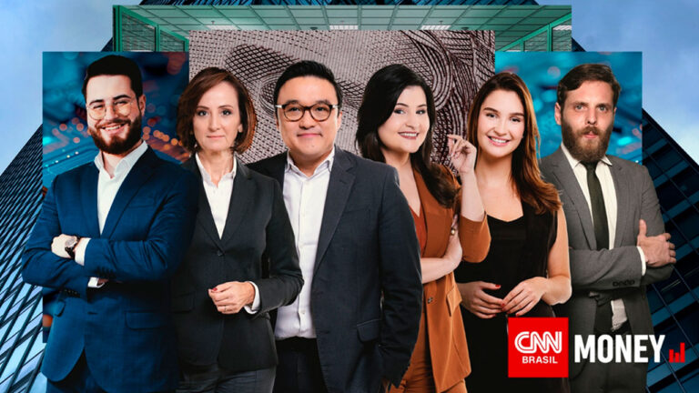 Apresentadores do CNN Money lado a lado em montagem com prédios e cédula ao fundo, com logo da CNN Brasil no canto